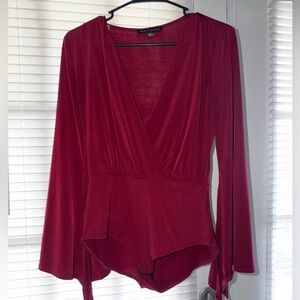 Haute Monde Burgundy Wrap-Front Long Sleeve Bodysuit